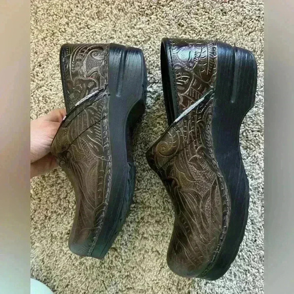 DANSKO Paisley Engraved Brown Leather Clogs - Picture 2 of 11